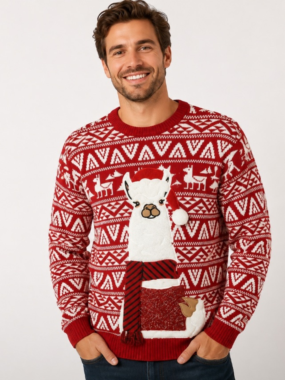Ugly Christmas Sweater Fun Llama Knit Sweater - Red & White Size Large
